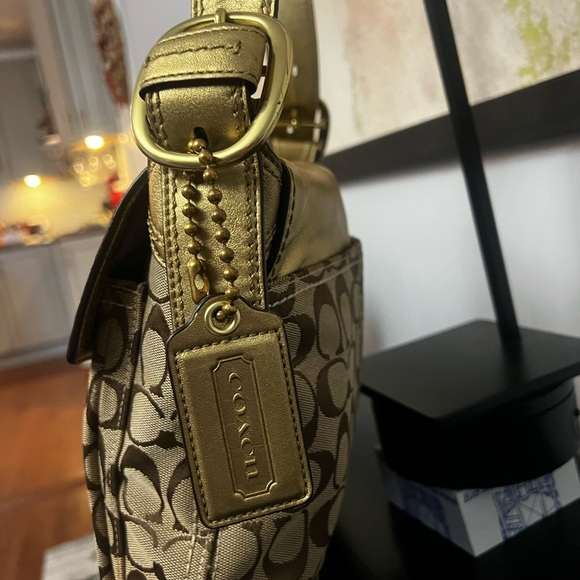 Coach Bleeker Signature Buckle Flap Gold Metallic and Brown Signature Bag - Picture 5 of 15